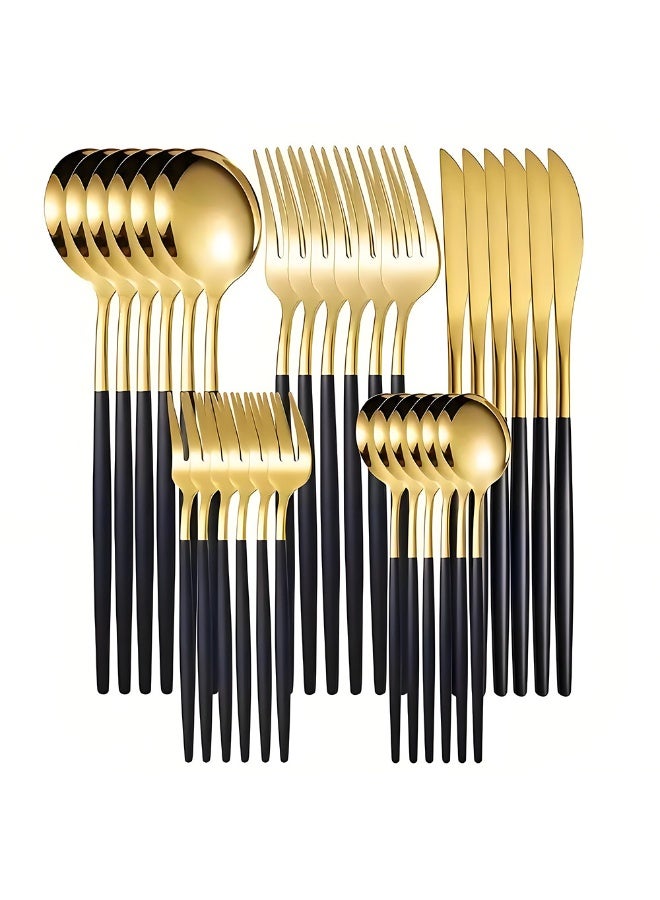 NiceArt 30 piece set of stainless steel black gold knives, forks, spoons - Image 1